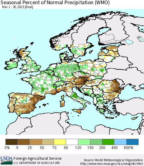 Europe Seasonal Percent of Normal Precipitation (WMO) Thematic Map For 3/1/2023 - 3/20/2023