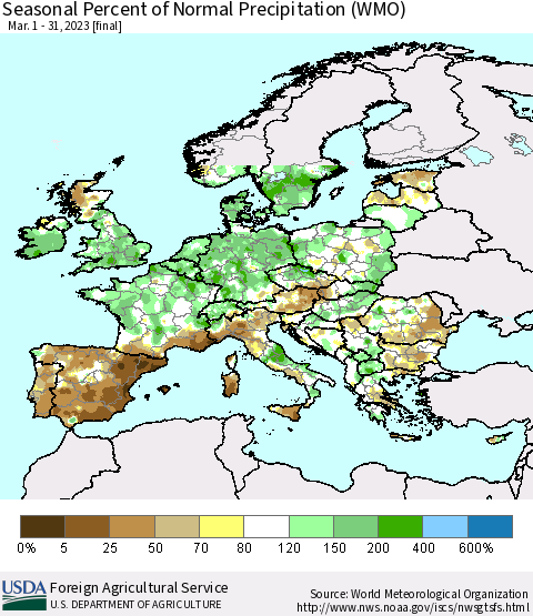 Europe Seasonal Percent of Normal Precipitation (WMO) Thematic Map For 3/1/2023 - 3/31/2023