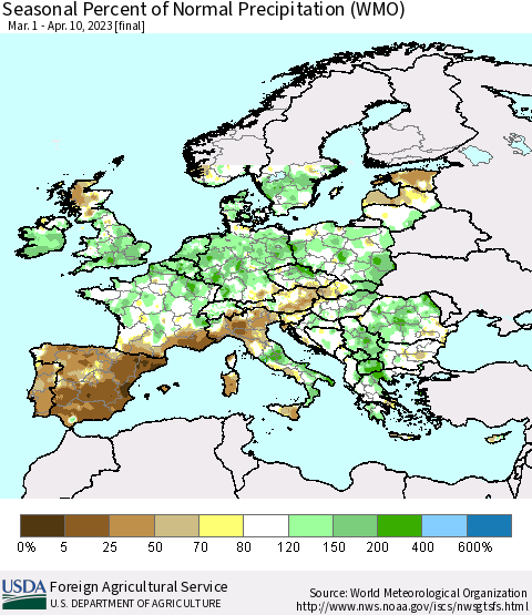 Europe Seasonal Percent of Normal Precipitation (WMO) Thematic Map For 3/1/2023 - 4/10/2023