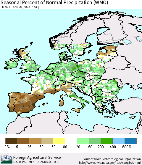 Europe Seasonal Percent of Normal Precipitation (WMO) Thematic Map For 3/1/2023 - 4/20/2023