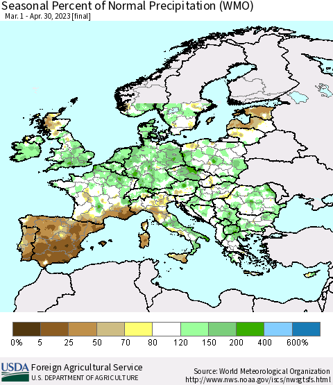 Europe Seasonal Percent of Normal Precipitation (WMO) Thematic Map For 3/1/2023 - 4/30/2023