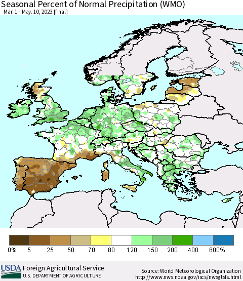 Europe Seasonal Percent of Normal Precipitation (WMO) Thematic Map For 3/1/2023 - 5/10/2023