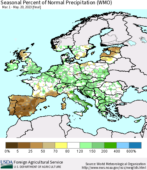 Europe Seasonal Percent of Normal Precipitation (WMO) Thematic Map For 3/1/2023 - 5/20/2023