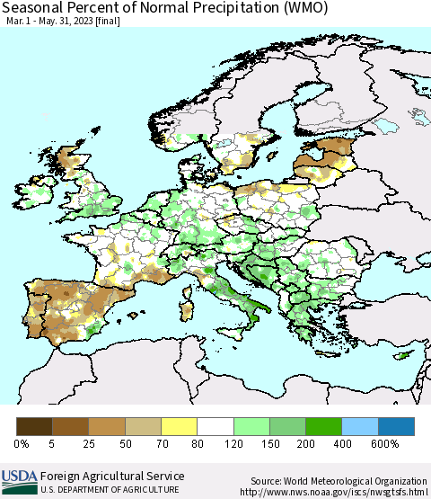 Europe Seasonal Percent of Normal Precipitation (WMO) Thematic Map For 3/1/2023 - 5/31/2023