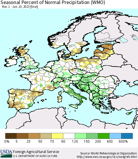 Europe Seasonal Percent of Normal Precipitation (WMO) Thematic Map For 3/1/2023 - 6/10/2023
