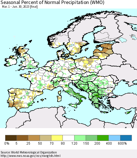Europe Seasonal Percent of Normal Precipitation (WMO) Thematic Map For 3/1/2023 - 6/30/2023