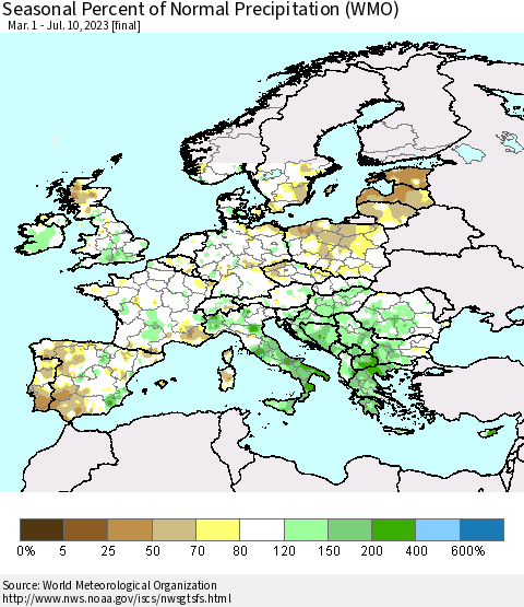 Europe Seasonal Percent of Normal Precipitation (WMO) Thematic Map For 3/1/2023 - 7/10/2023