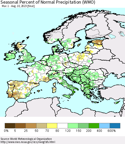 Europe Seasonal Percent of Normal Precipitation (WMO) Thematic Map For 3/1/2023 - 8/10/2023