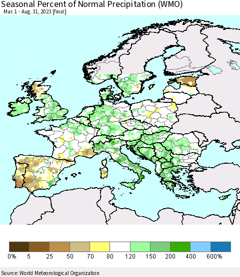 Europe Seasonal Percent of Normal Precipitation (WMO) Thematic Map For 3/1/2023 - 8/31/2023