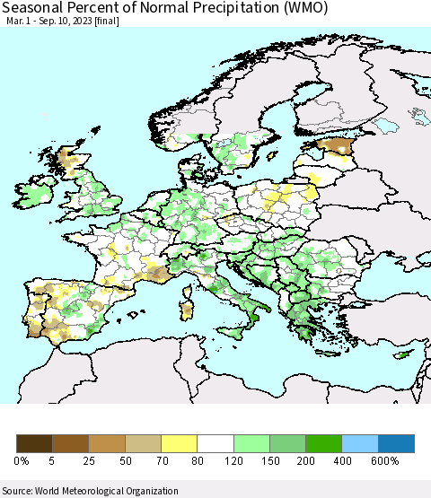 Europe Seasonal Percent of Normal Precipitation (WMO) Thematic Map For 3/1/2023 - 9/10/2023