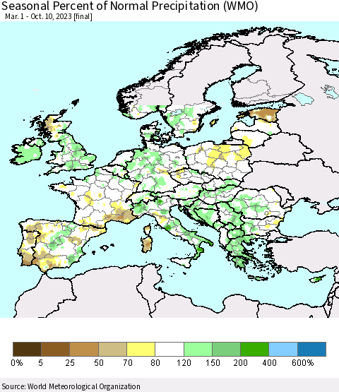 Europe Seasonal Percent of Normal Precipitation (WMO) Thematic Map For 3/1/2023 - 10/10/2023