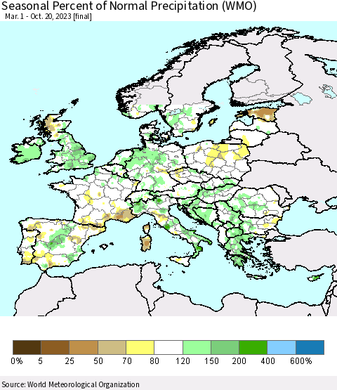 Europe Seasonal Percent of Normal Precipitation (WMO) Thematic Map For 3/1/2023 - 10/20/2023