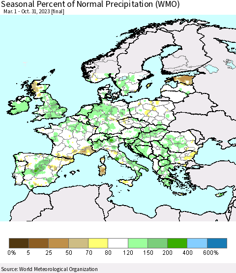 Europe Seasonal Percent of Normal Precipitation (WMO) Thematic Map For 3/1/2023 - 10/31/2023