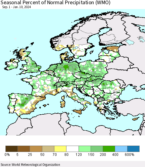 Europe Seasonal Percent of Normal Precipitation (WMO) Thematic Map For 9/1/2023 - 1/10/2024