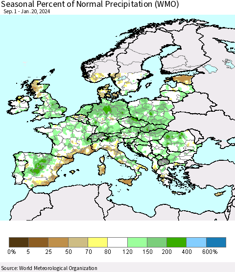 Europe Seasonal Percent of Normal Precipitation (WMO) Thematic Map For 9/1/2023 - 1/20/2024