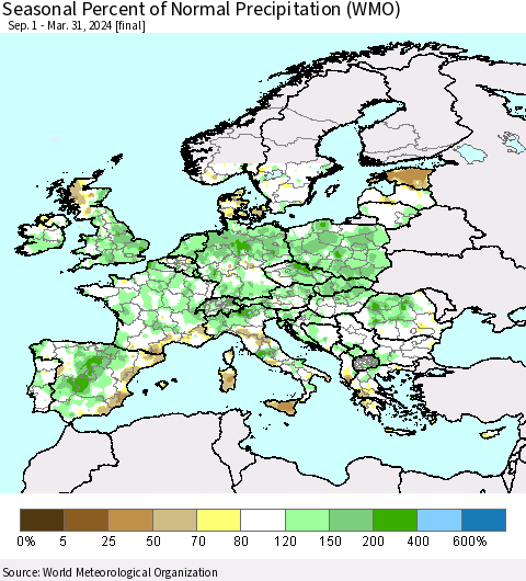 Europe Seasonal Percent of Normal Precipitation (WMO) Thematic Map For 9/1/2023 - 3/31/2024