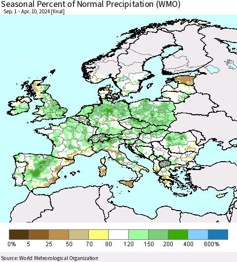 Europe Seasonal Percent of Normal Precipitation (WMO) Thematic Map For 9/1/2023 - 4/10/2024