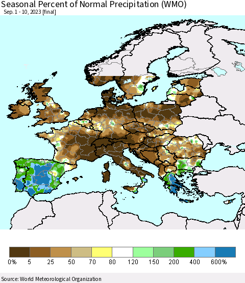Europe Seasonal Percent of Normal Precipitation (WMO) Thematic Map For 9/1/2023 - 9/10/2023