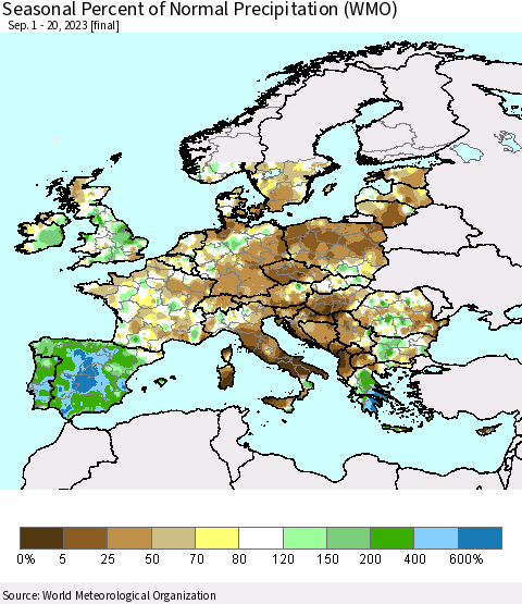 Europe Seasonal Percent of Normal Precipitation (WMO) Thematic Map For 9/1/2023 - 9/20/2023