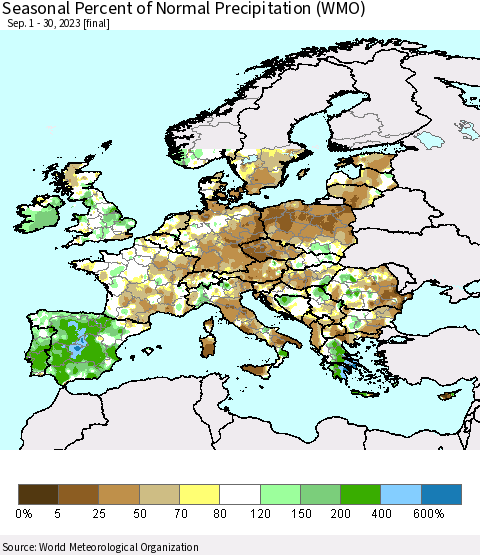 Europe Seasonal Percent of Normal Precipitation (WMO) Thematic Map For 9/1/2023 - 9/30/2023