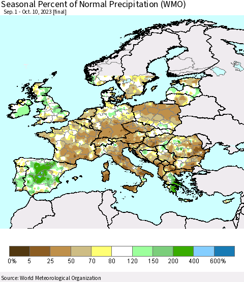 Europe Seasonal Percent of Normal Precipitation (WMO) Thematic Map For 9/1/2023 - 10/10/2023