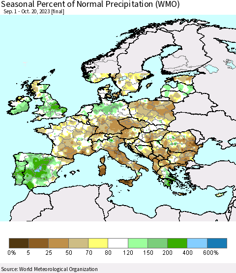 Europe Seasonal Percent of Normal Precipitation (WMO) Thematic Map For 9/1/2023 - 10/20/2023