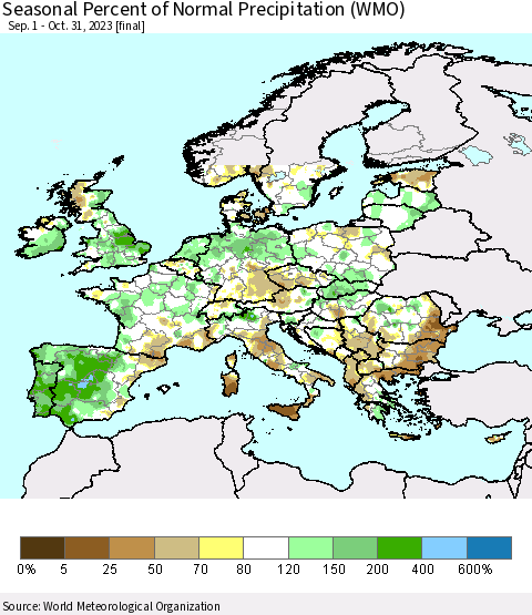 Europe Seasonal Percent of Normal Precipitation (WMO) Thematic Map For 9/1/2023 - 10/31/2023