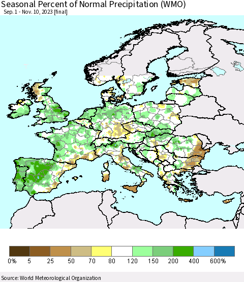 Europe Seasonal Percent of Normal Precipitation (WMO) Thematic Map For 9/1/2023 - 11/10/2023