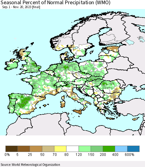 Europe Seasonal Percent of Normal Precipitation (WMO) Thematic Map For 9/1/2023 - 11/20/2023