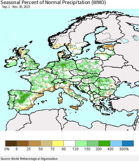 Europe Seasonal Percent of Normal Precipitation (WMO) Thematic Map For 9/1/2023 - 11/30/2023