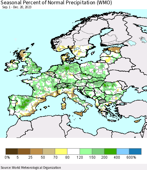Europe Seasonal Percent of Normal Precipitation (WMO) Thematic Map For 9/1/2023 - 12/20/2023