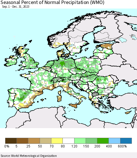 Europe Seasonal Percent of Normal Precipitation (WMO) Thematic Map For 9/1/2023 - 12/31/2023