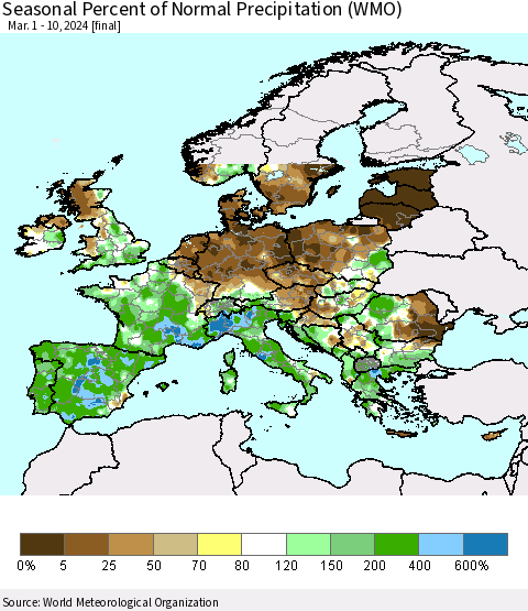 Europe Seasonal Percent of Normal Precipitation (WMO) Thematic Map For 3/1/2024 - 3/10/2024