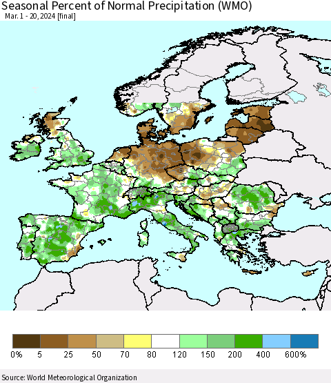 Europe Seasonal Percent of Normal Precipitation (WMO) Thematic Map For 3/1/2024 - 3/20/2024
