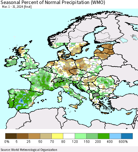 Europe Seasonal Percent of Normal Precipitation (WMO) Thematic Map For 3/1/2024 - 3/31/2024