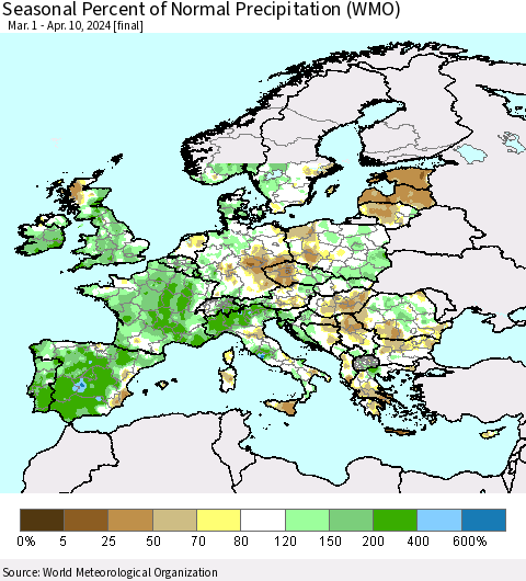 Europe Seasonal Percent of Normal Precipitation (WMO) Thematic Map For 3/1/2024 - 4/10/2024