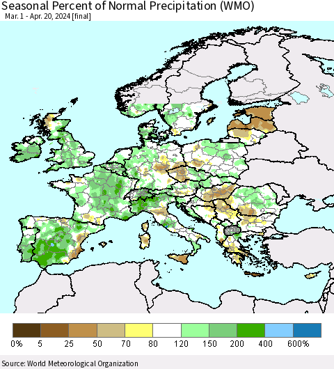 Europe Seasonal Percent of Normal Precipitation (WMO) Thematic Map For 3/1/2024 - 4/20/2024