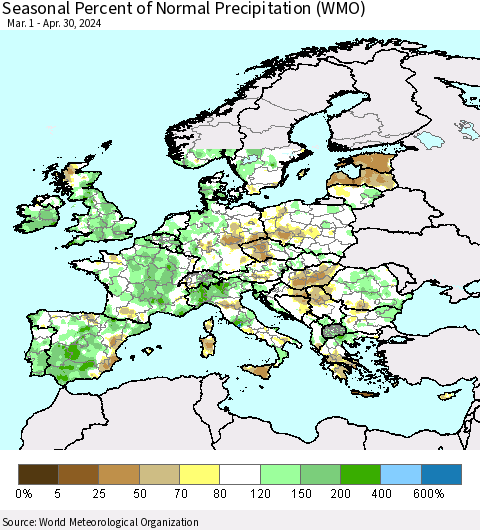 Europe Seasonal Percent of Normal Precipitation (WMO) Thematic Map For 3/1/2024 - 4/30/2024