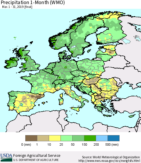 Europe Precipitation 1-Month (WMO) Thematic Map For 3/1/2019 - 3/31/2019