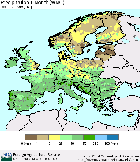 Europe Precipitation 1-Month (WMO) Thematic Map For 4/1/2019 - 4/30/2019