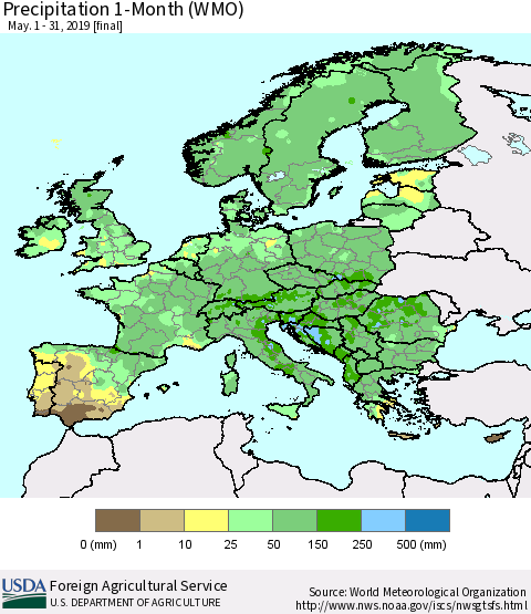 Europe Precipitation 1-Month (WMO) Thematic Map For 5/1/2019 - 5/31/2019