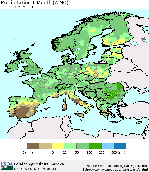Europe Precipitation 1-Month (WMO) Thematic Map For 6/1/2019 - 6/30/2019