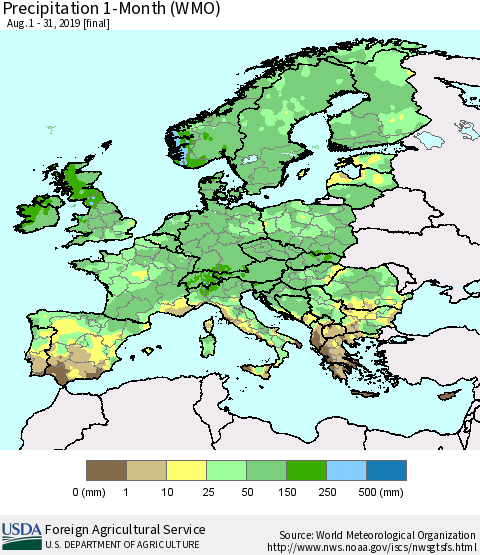 Europe Precipitation 1-Month (WMO) Thematic Map For 8/1/2019 - 8/31/2019