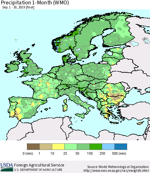 Europe Precipitation 1-Month (WMO) Thematic Map For 9/1/2019 - 9/30/2019