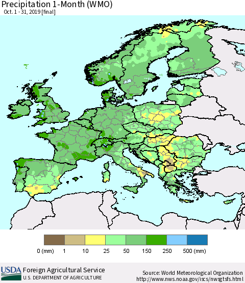 Europe Precipitation 1-Month (WMO) Thematic Map For 10/1/2019 - 10/31/2019