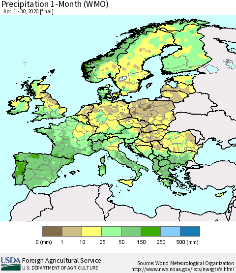 Europe Precipitation 1-Month (WMO) Thematic Map For 4/1/2020 - 4/30/2020