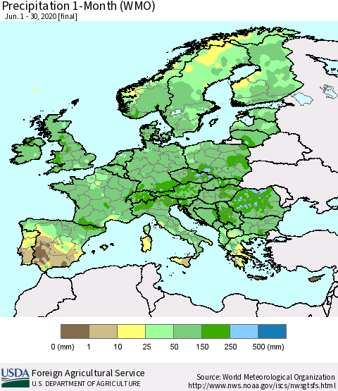 Europe Precipitation 1-Month (WMO) Thematic Map For 6/1/2020 - 6/30/2020