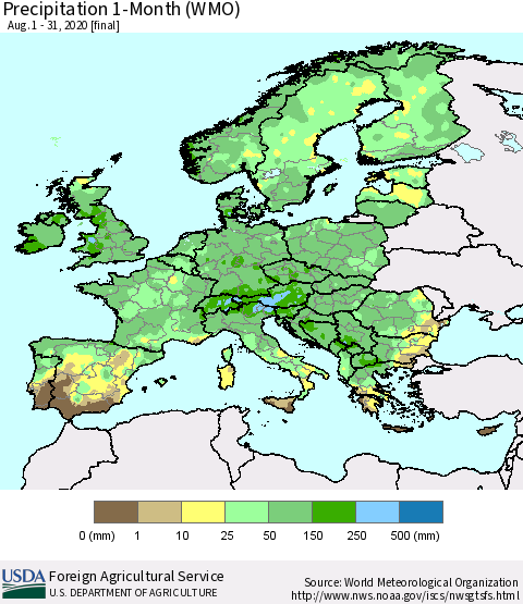 Europe Precipitation 1-Month (WMO) Thematic Map For 8/1/2020 - 8/31/2020