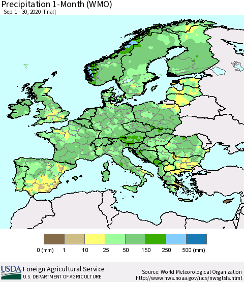 Europe Precipitation 1-Month (WMO) Thematic Map For 9/1/2020 - 9/30/2020