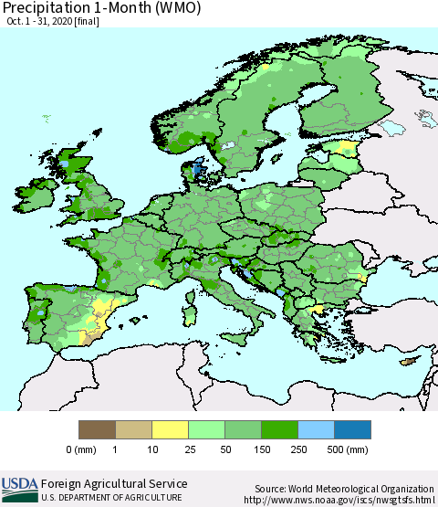 Europe Precipitation 1-Month (WMO) Thematic Map For 10/1/2020 - 10/31/2020